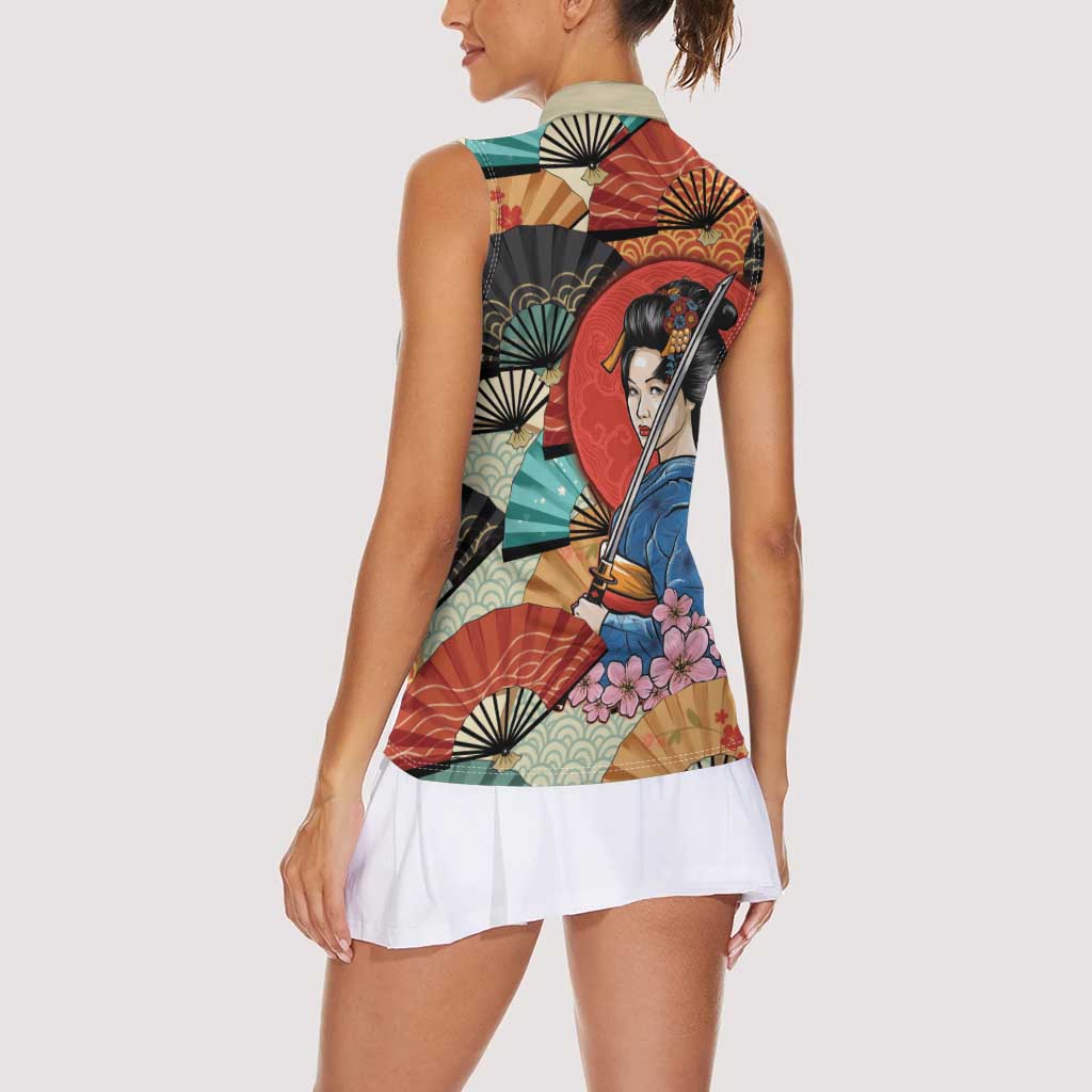 Japanese Geisha Katana Women Sleeveless Polo Shirt Japan Sensu Seigaiha Pattern - Wonder Print Shop