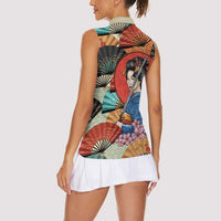 Japanese Geisha Katana Women Sleeveless Polo Shirt Japan Sensu Seigaiha Pattern - Wonder Print Shop