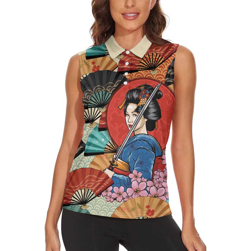 Japanese Geisha Katana Women Sleeveless Polo Shirt Japan Sensu Seigaiha Pattern - Wonder Print Shop