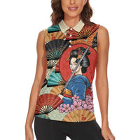 Japanese Geisha Katana Women Sleeveless Polo Shirt Japan Sensu Seigaiha Pattern - Wonder Print Shop