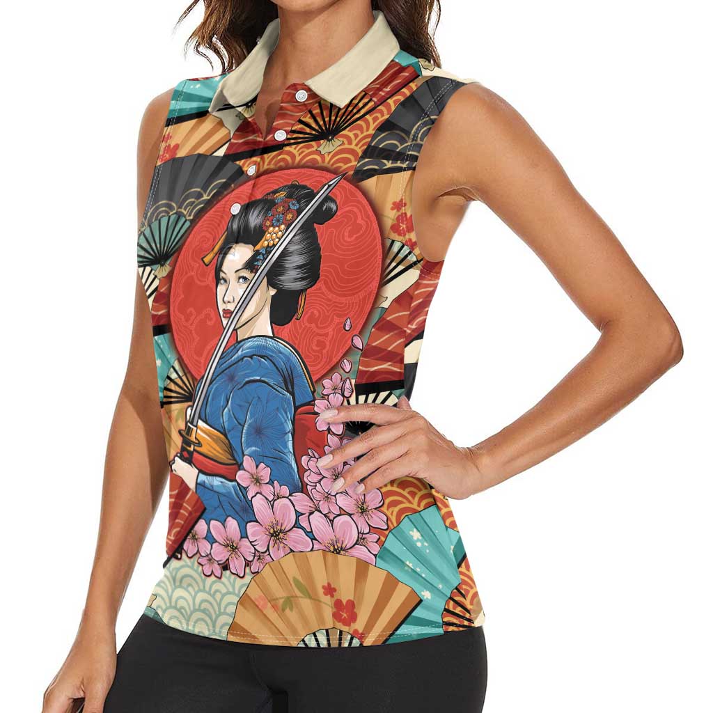 Japanese Geisha Katana Women Sleeveless Polo Shirt Japan Sensu Seigaiha Pattern - Wonder Print Shop