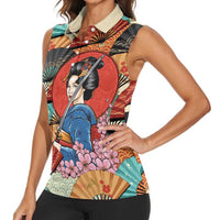 Japanese Geisha Katana Women Sleeveless Polo Shirt Japan Sensu Seigaiha Pattern - Wonder Print Shop