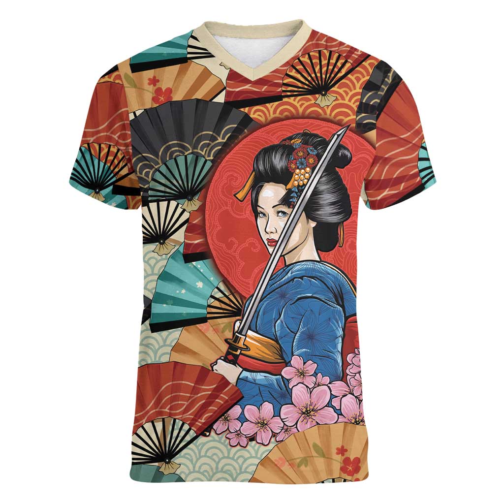 Japanese Geisha Katana Women V-Neck T-Shirt Japan Sensu Seigaiha Pattern - Wonder Print Shop