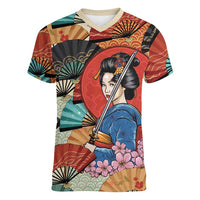 Japanese Geisha Katana Women V-Neck T-Shirt Japan Sensu Seigaiha Pattern - Wonder Print Shop