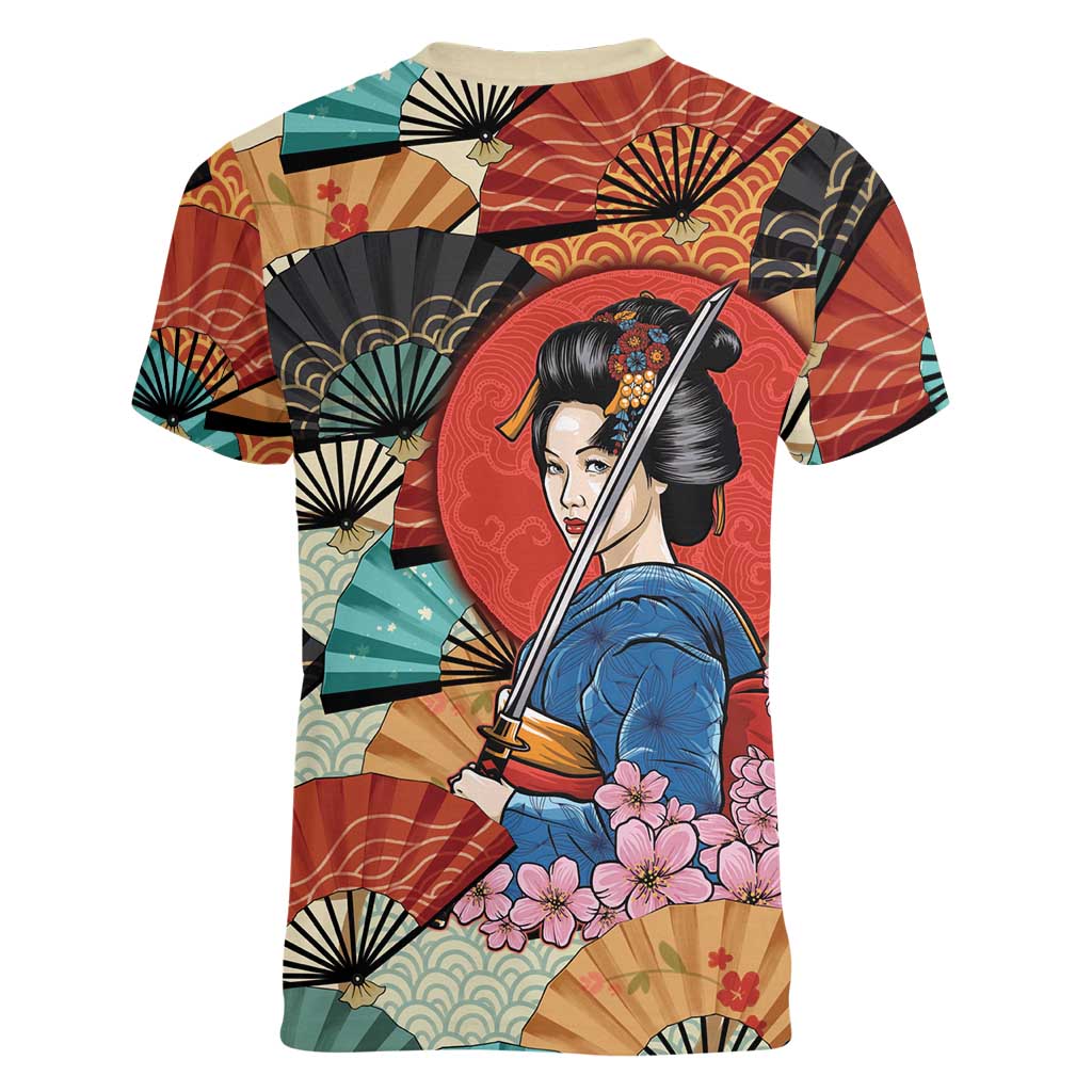 Japanese Geisha Katana Women V-Neck T-Shirt Japan Sensu Seigaiha Pattern - Wonder Print Shop