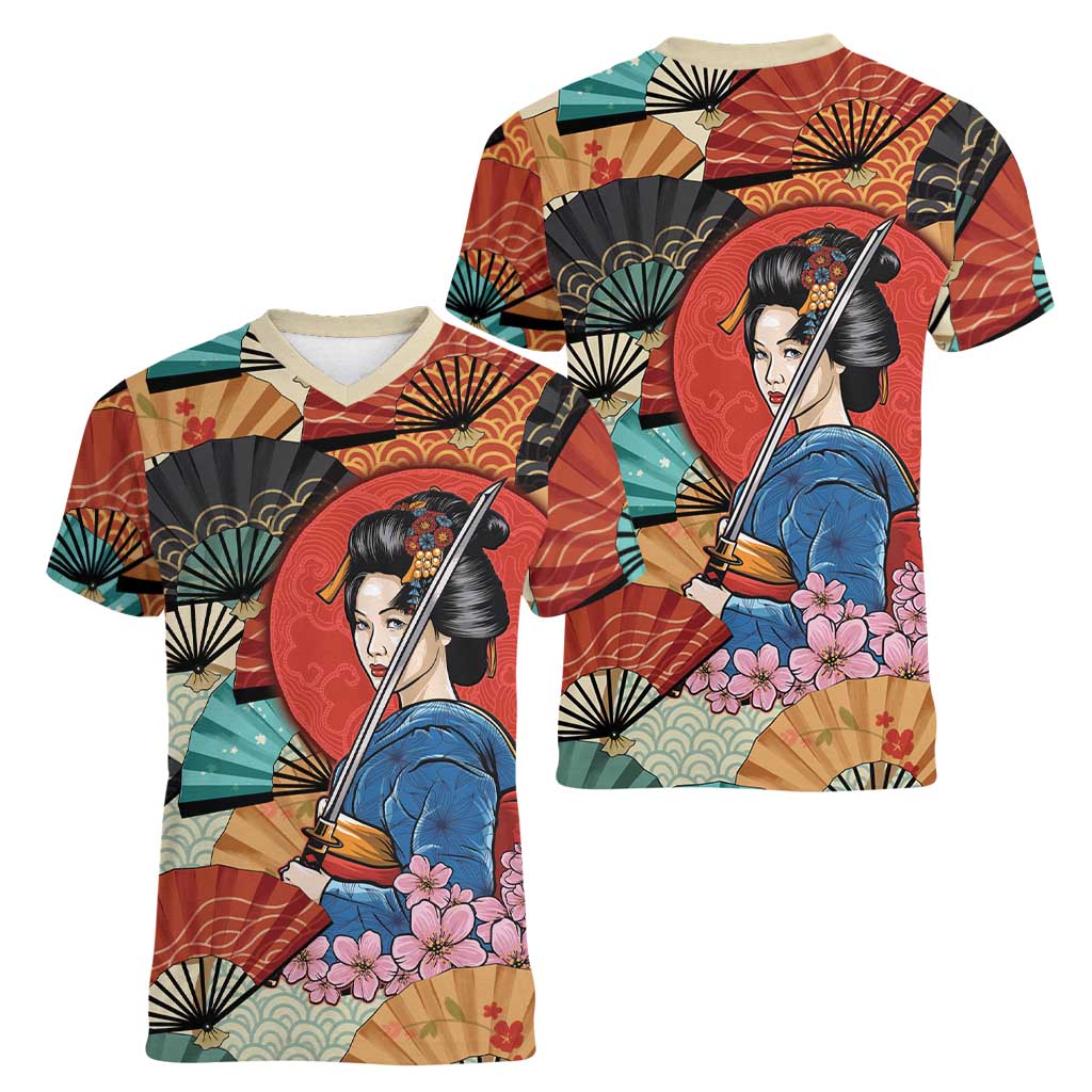 Japanese Geisha Katana Women V-Neck T-Shirt Japan Sensu Seigaiha Pattern - Wonder Print Shop