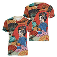 Japanese Geisha Katana Women V-Neck T-Shirt Japan Sensu Seigaiha Pattern - Wonder Print Shop