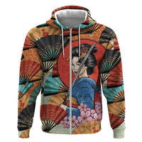 Japanese Geisha Katana Zip Hoodie Japan Sensu Seigaiha Pattern - Wonder Print Shop