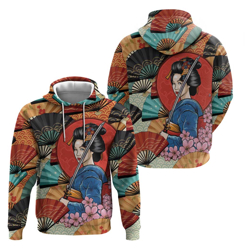 Japanese Geisha Katana Zip Hoodie Japan Sensu Seigaiha Pattern - Wonder Print Shop