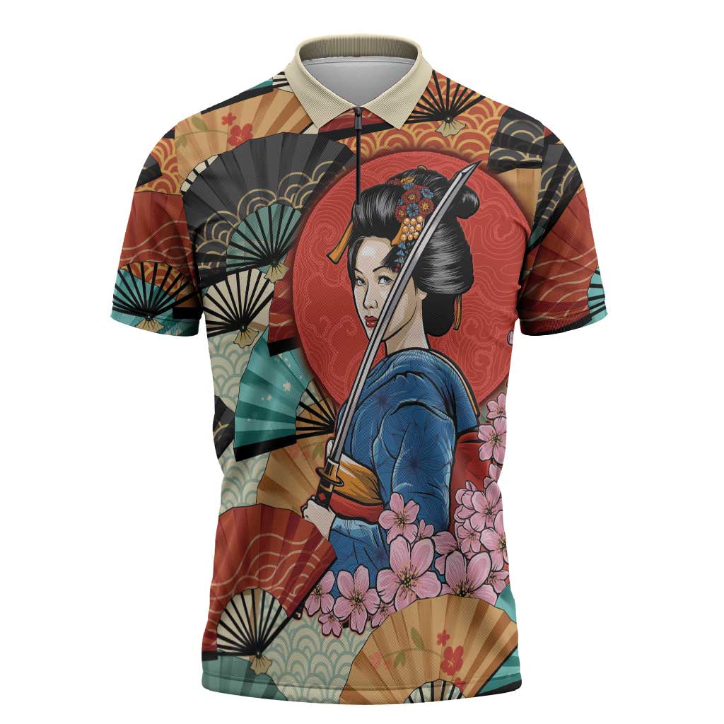 Japanese Geisha Katana Zipper Polo Shirt Japan Sensu Seigaiha Pattern - Wonder Print Shop