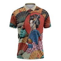 Japanese Geisha Katana Zipper Polo Shirt Japan Sensu Seigaiha Pattern - Wonder Print Shop