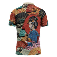 Japanese Geisha Katana Zipper Polo Shirt Japan Sensu Seigaiha Pattern - Wonder Print Shop