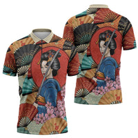 Japanese Geisha Katana Zipper Polo Shirt Japan Sensu Seigaiha Pattern - Wonder Print Shop