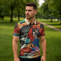 Japanese Geisha Katana Zipper Polo Shirt Japan Sensu Seigaiha Pattern - Wonder Print Shop