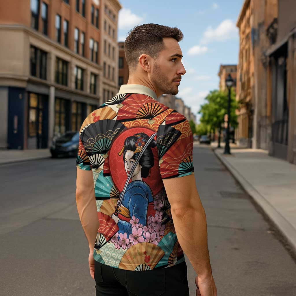 Japanese Geisha Katana Zipper Polo Shirt Japan Sensu Seigaiha Pattern - Wonder Print Shop