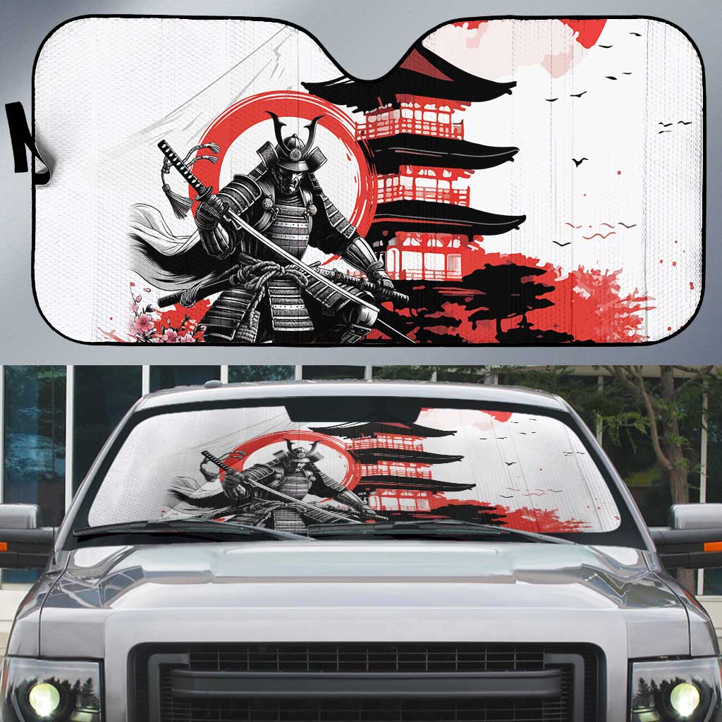 Japanese Samurai Warrior Enso Auto Sun Shade Japan Pagoda Sakura Watercolor - Wonder Print Shop
