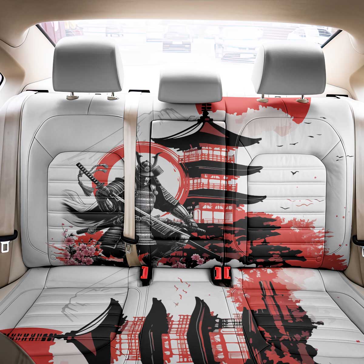 Japanese Samurai Warrior Enso Back Car Seat Cover Japan Pagoda Sakura Watercolor - Wonder Print Shop