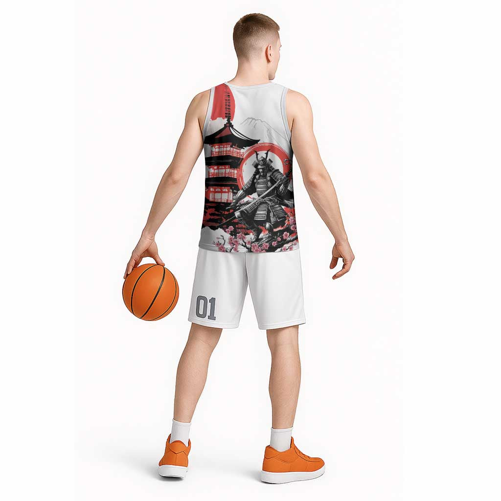 Japanese Samurai Warrior Enso Basketball Jersey Japan Pagoda Sakura Watercolor - Wonder Print Shop