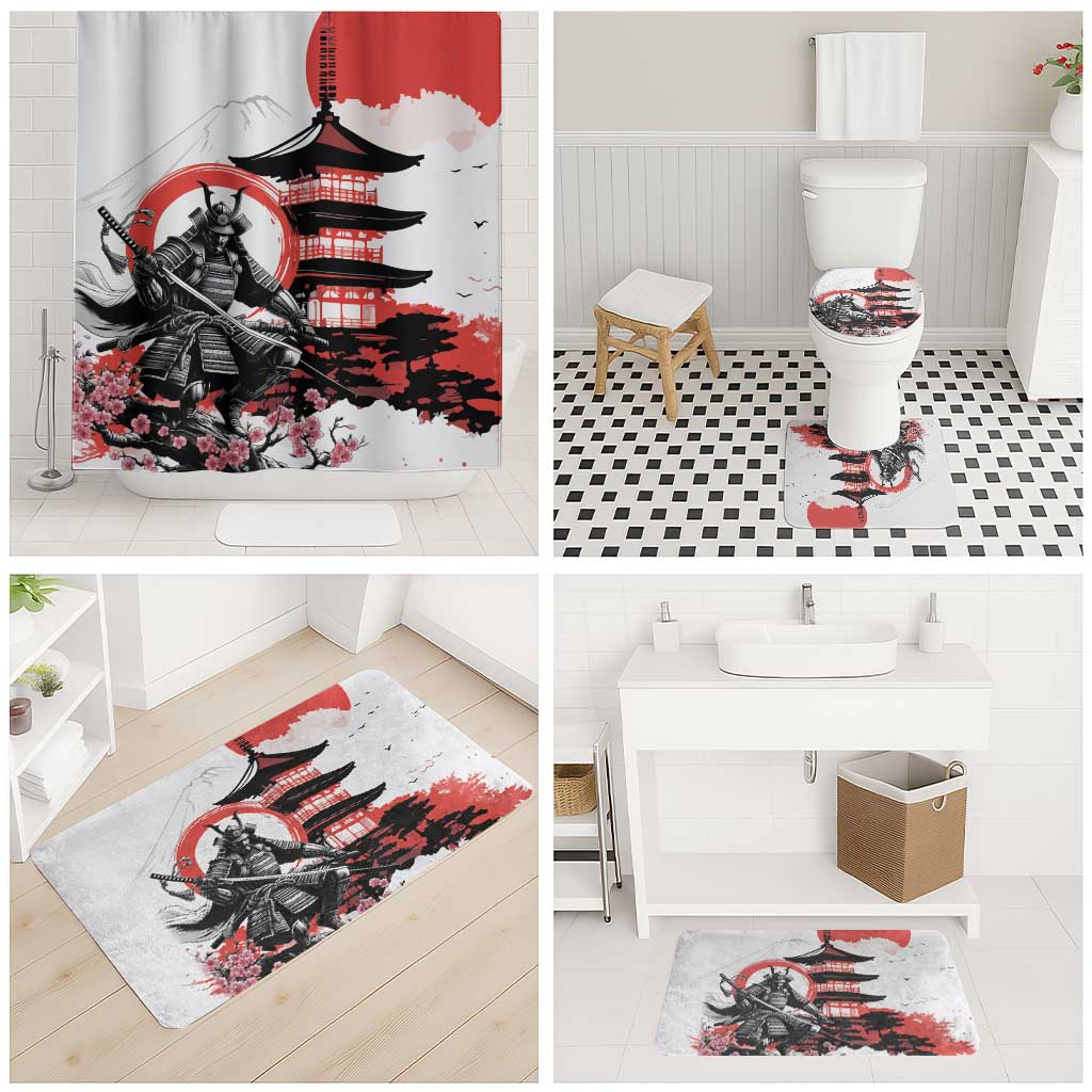Japanese Samurai Warrior Enso Bathroom Set Japan Pagoda Sakura Watercolor - Wonder Print Shop