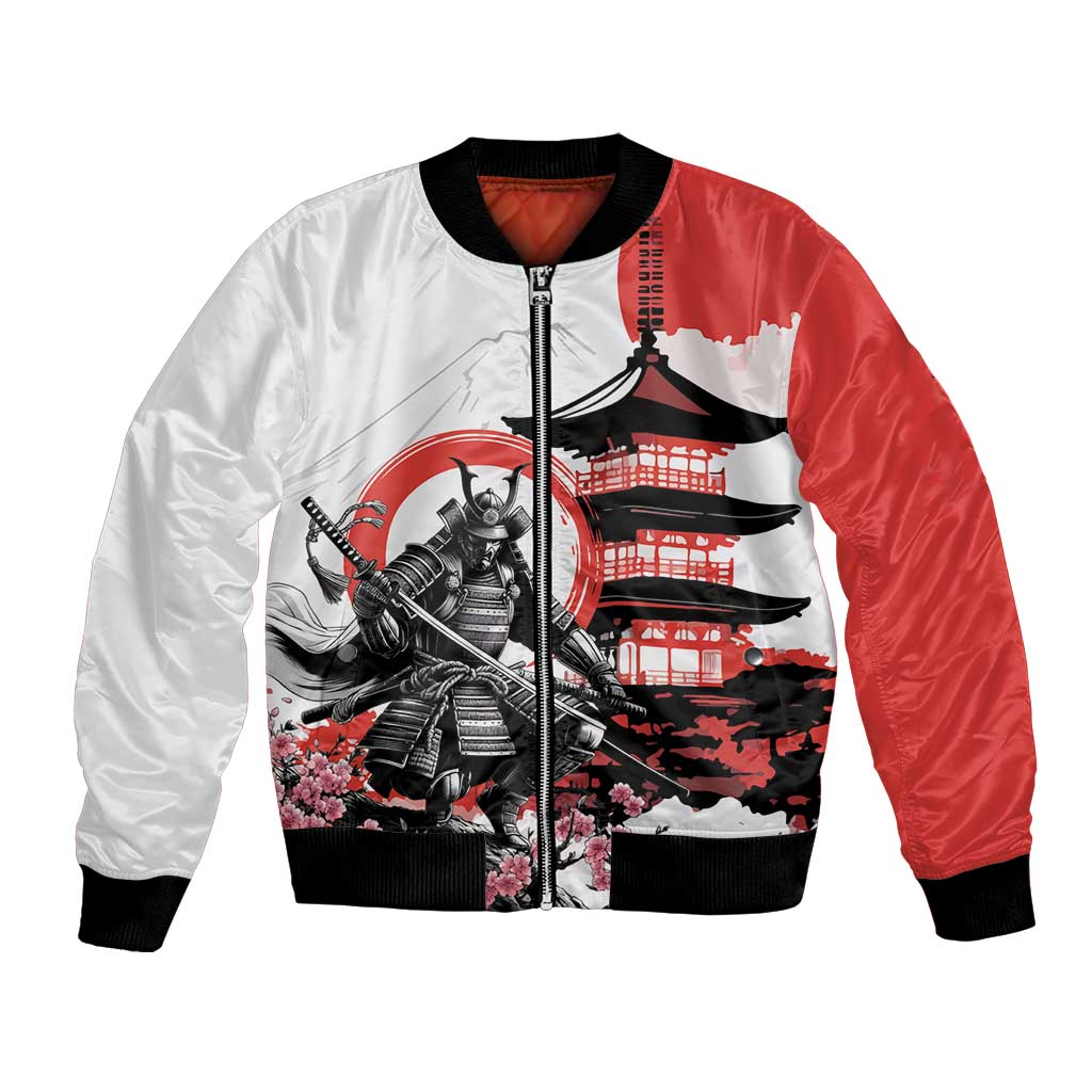 Japanese Samurai Warrior Enso Bomber Jacket Japan Pagoda Sakura Watercolor - Wonder Print Shop