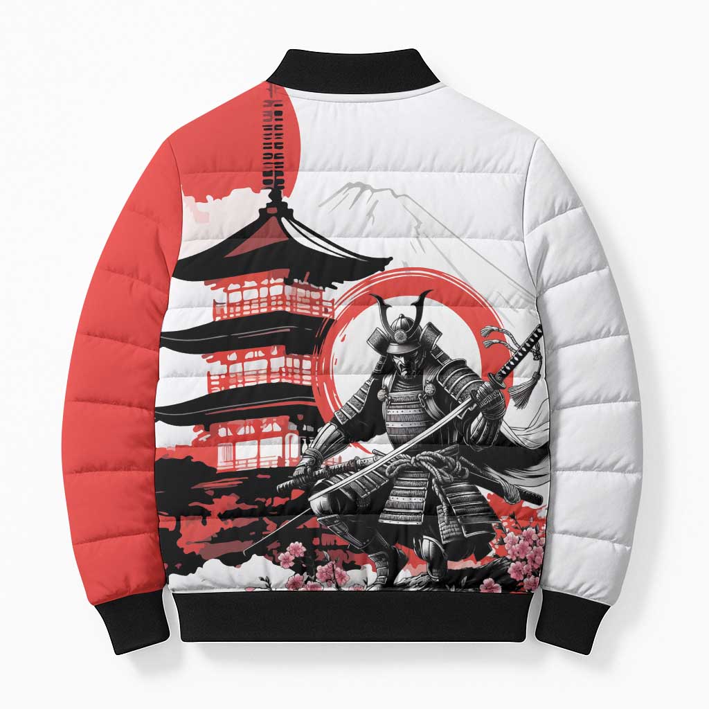 Japanese Samurai Warrior Enso Bomber Puffer Jacket Japan Pagoda Sakura Watercolor - Wonder Print Shop