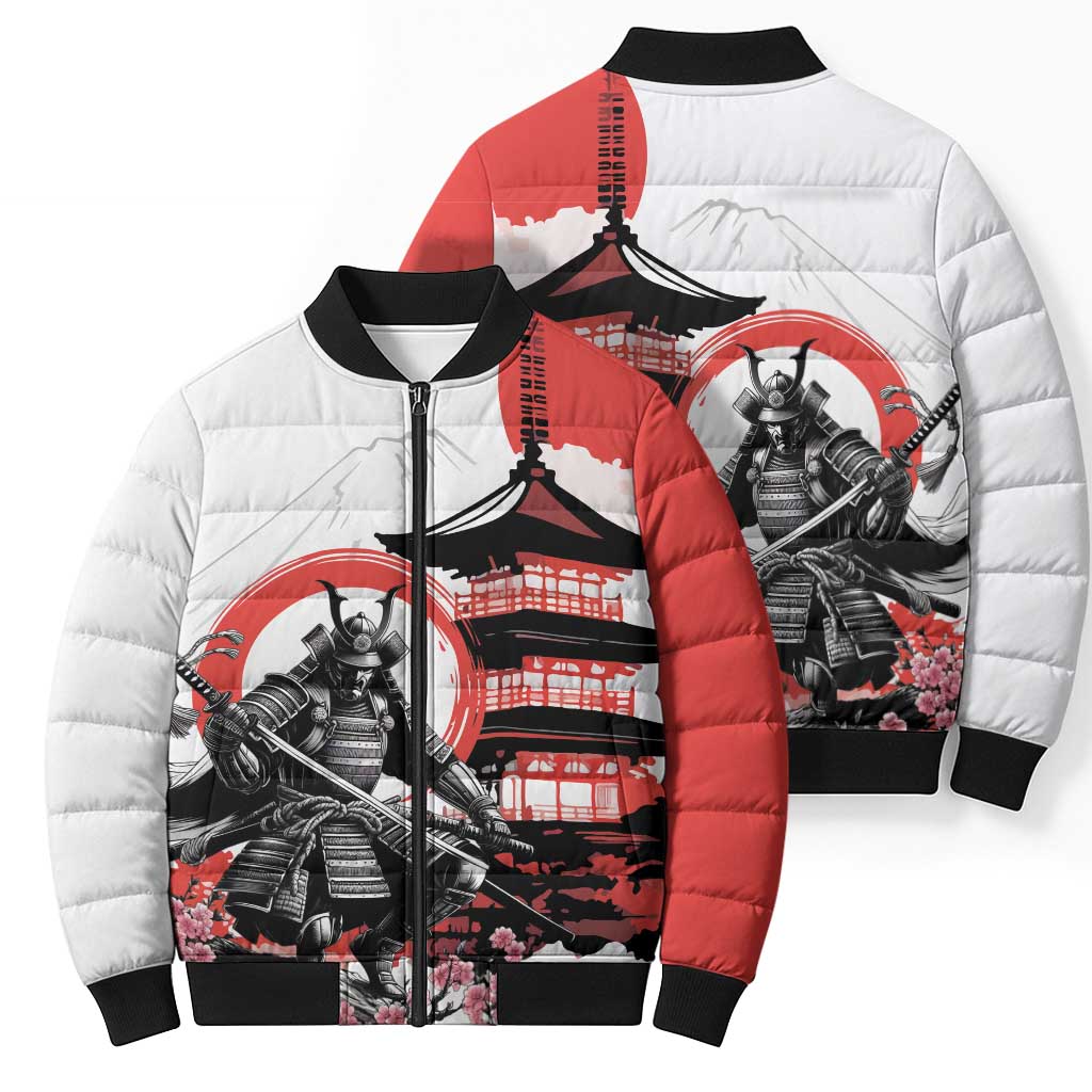 Japanese Samurai Warrior Enso Bomber Puffer Jacket Japan Pagoda Sakura Watercolor - Wonder Print Shop