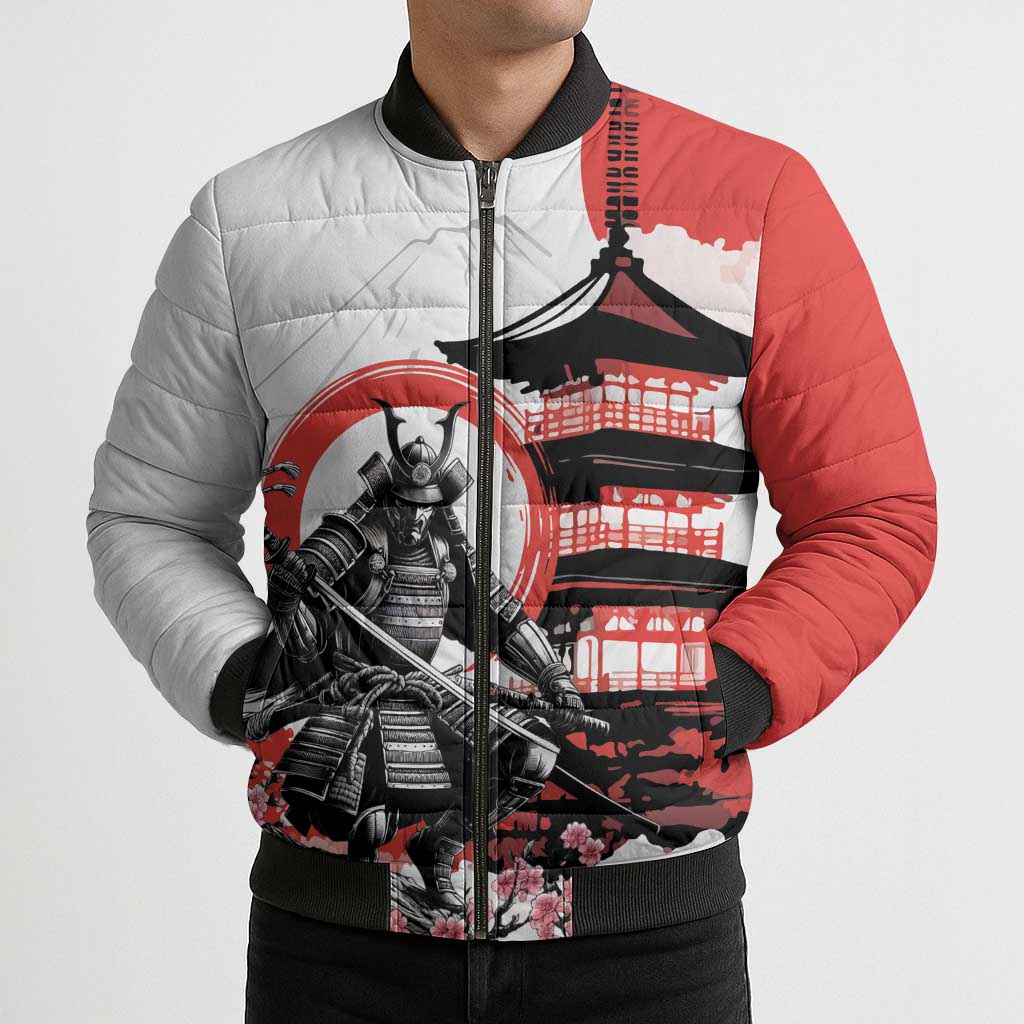 Japanese Samurai Warrior Enso Bomber Puffer Jacket Japan Pagoda Sakura Watercolor - Wonder Print Shop
