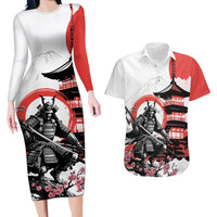 Japanese Samurai Warrior Enso Couples Matching Long Sleeve Bodycon Dress and Hawaiian Shirt Japan Pagoda Sakura Watercolor - Wonder Print Shop