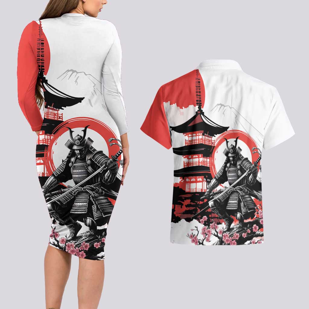 Japanese Samurai Warrior Enso Couples Matching Long Sleeve Bodycon Dress and Hawaiian Shirt Japan Pagoda Sakura Watercolor - Wonder Print Shop