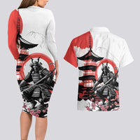 Japanese Samurai Warrior Enso Couples Matching Long Sleeve Bodycon Dress and Hawaiian Shirt Japan Pagoda Sakura Watercolor - Wonder Print Shop