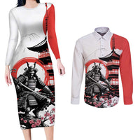 Japanese Samurai Warrior Enso Couples Matching Long Sleeve Bodycon Dress and Long Sleeve Button Shirt Japan Pagoda Sakura Watercolor - Wonder Print Shop