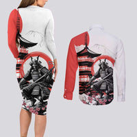 Japanese Samurai Warrior Enso Couples Matching Long Sleeve Bodycon Dress and Long Sleeve Button Shirt Japan Pagoda Sakura Watercolor - Wonder Print Shop