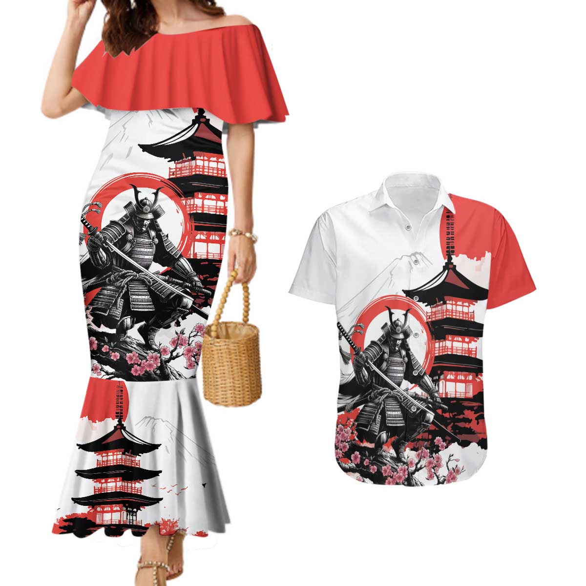 Japanese Samurai Warrior Enso Couples Matching Mermaid Dress and Hawaiian Shirt Japan Pagoda Sakura Watercolor - Wonder Print Shop