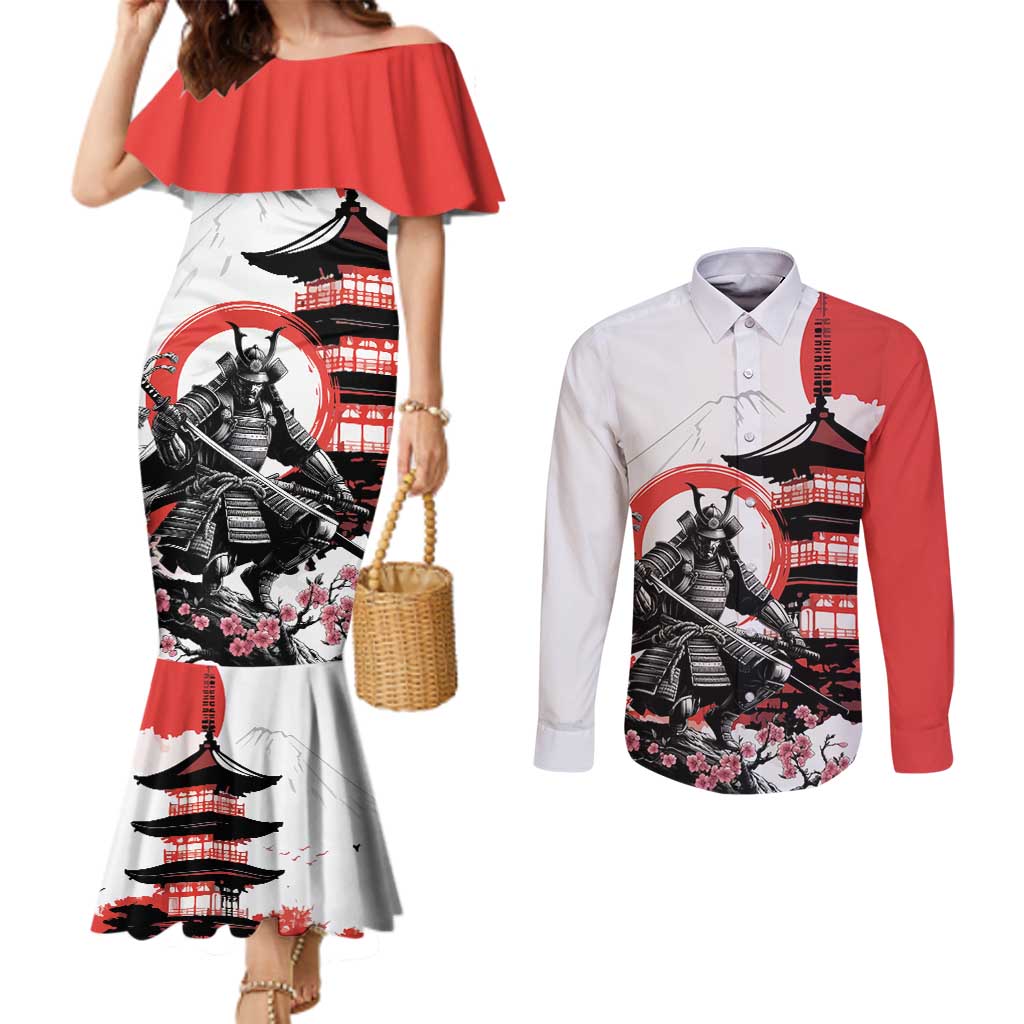 Japanese Samurai Warrior Enso Couples Matching Mermaid Dress and Long Sleeve Button Shirt Japan Pagoda Sakura Watercolor - Wonder Print Shop