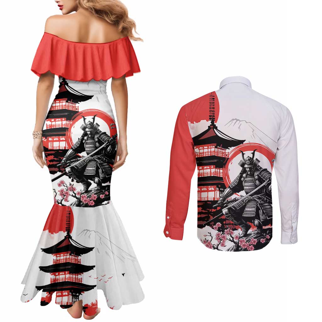 Japanese Samurai Warrior Enso Couples Matching Mermaid Dress and Long Sleeve Button Shirt Japan Pagoda Sakura Watercolor - Wonder Print Shop