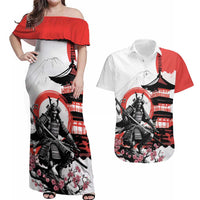 Japanese Samurai Warrior Enso Couples Matching Off Shoulder Maxi Dress and Hawaiian Shirt Japan Pagoda Sakura Watercolor - Wonder Print Shop