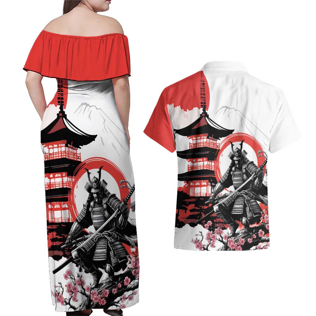 Japanese Samurai Warrior Enso Couples Matching Off Shoulder Maxi Dress and Hawaiian Shirt Japan Pagoda Sakura Watercolor - Wonder Print Shop