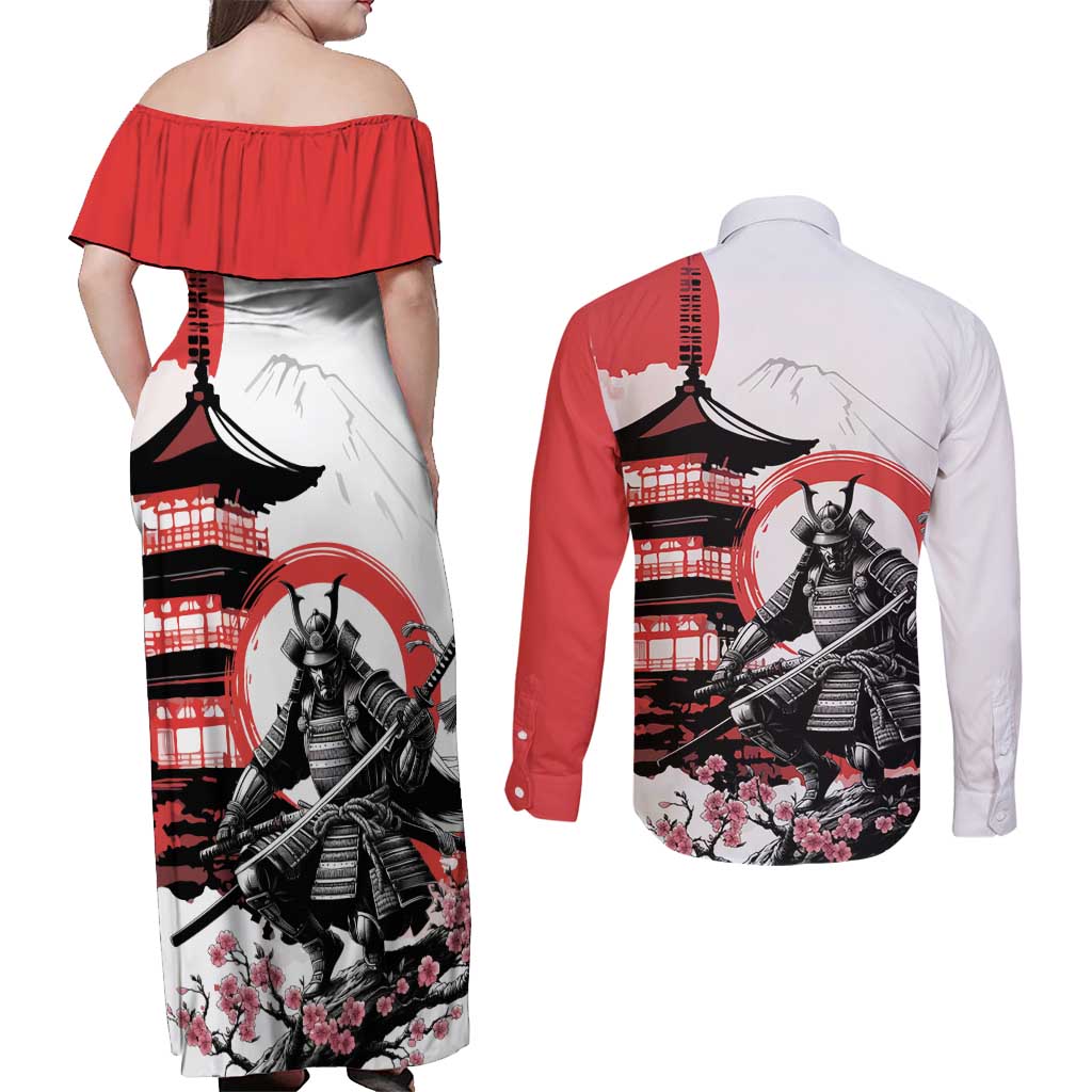 Japanese Samurai Warrior Enso Couples Matching Off Shoulder Maxi Dress and Long Sleeve Button Shirt Japan Pagoda Sakura Watercolor - Wonder Print Shop