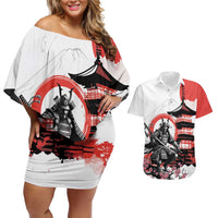 Japanese Samurai Warrior Enso Couples Matching Off Shoulder Short Dress and Hawaiian Shirt Japan Pagoda Sakura Watercolor - Wonder Print Shop