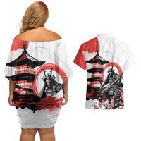 Japanese Samurai Warrior Enso Couples Matching Off Shoulder Short Dress and Hawaiian Shirt Japan Pagoda Sakura Watercolor - Wonder Print Shop