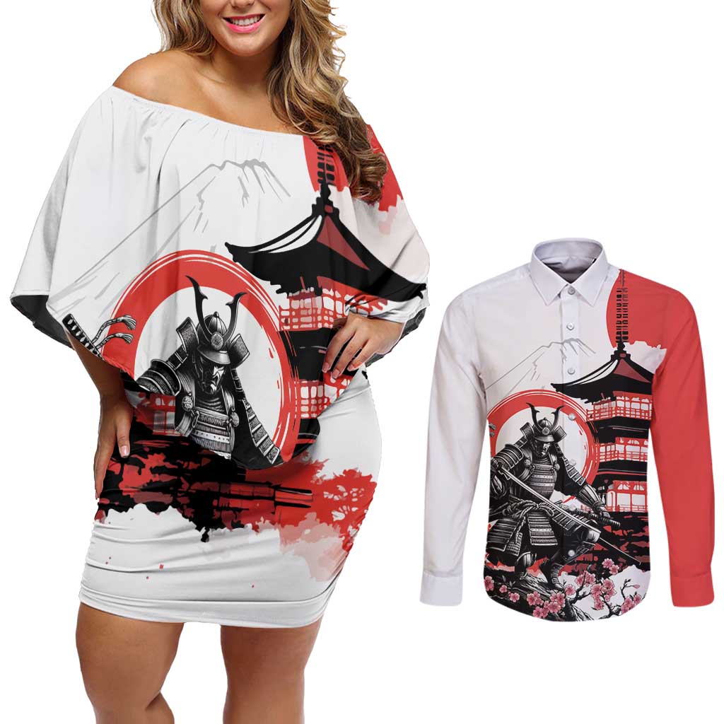 Japanese Samurai Warrior Enso Couples Matching Off Shoulder Short Dress and Long Sleeve Button Shirt Japan Pagoda Sakura Watercolor - Wonder Print Shop
