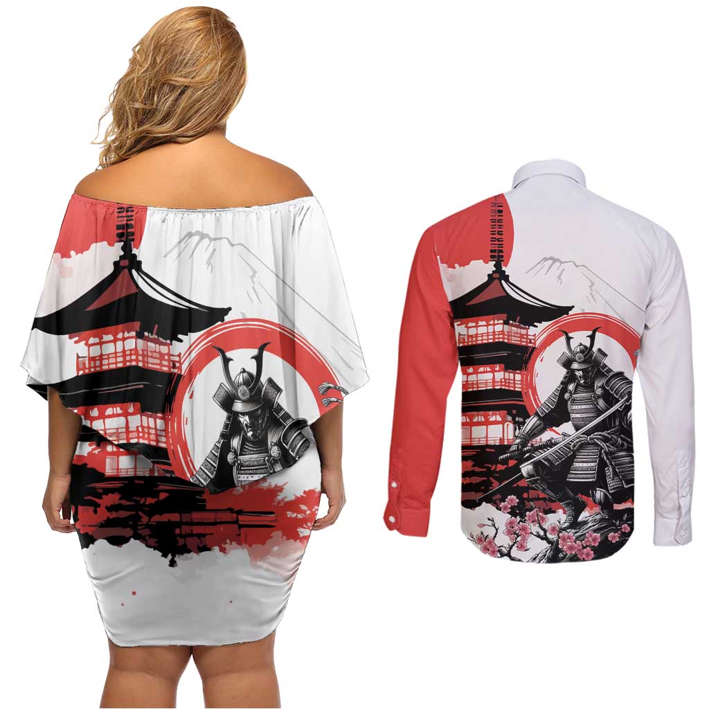 Japanese Samurai Warrior Enso Couples Matching Off Shoulder Short Dress and Long Sleeve Button Shirt Japan Pagoda Sakura Watercolor - Wonder Print Shop