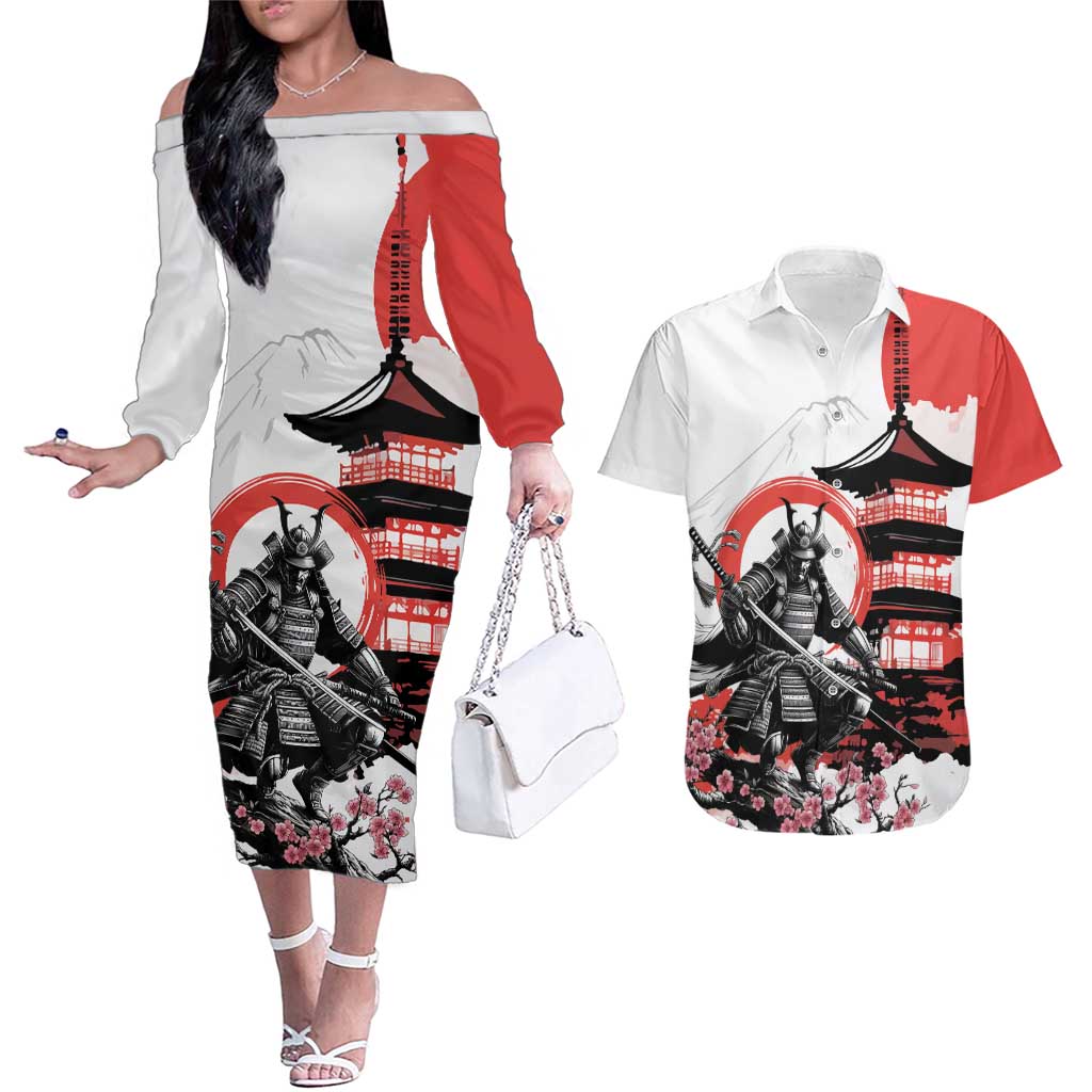 Japanese Samurai Warrior Enso Couples Matching Off The Shoulder Long Sleeve Dress and Hawaiian Shirt Japan Pagoda Sakura Watercolor - Wonder Print Shop