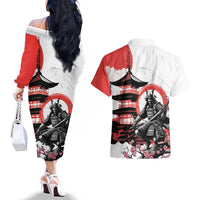 Japanese Samurai Warrior Enso Couples Matching Off The Shoulder Long Sleeve Dress and Hawaiian Shirt Japan Pagoda Sakura Watercolor - Wonder Print Shop
