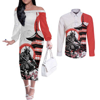 Japanese Samurai Warrior Enso Couples Matching Off The Shoulder Long Sleeve Dress and Long Sleeve Button Shirt Japan Pagoda Sakura Watercolor - Wonder Print Shop