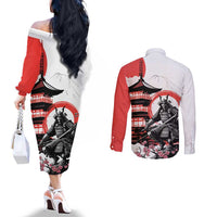 Japanese Samurai Warrior Enso Couples Matching Off The Shoulder Long Sleeve Dress and Long Sleeve Button Shirt Japan Pagoda Sakura Watercolor - Wonder Print Shop