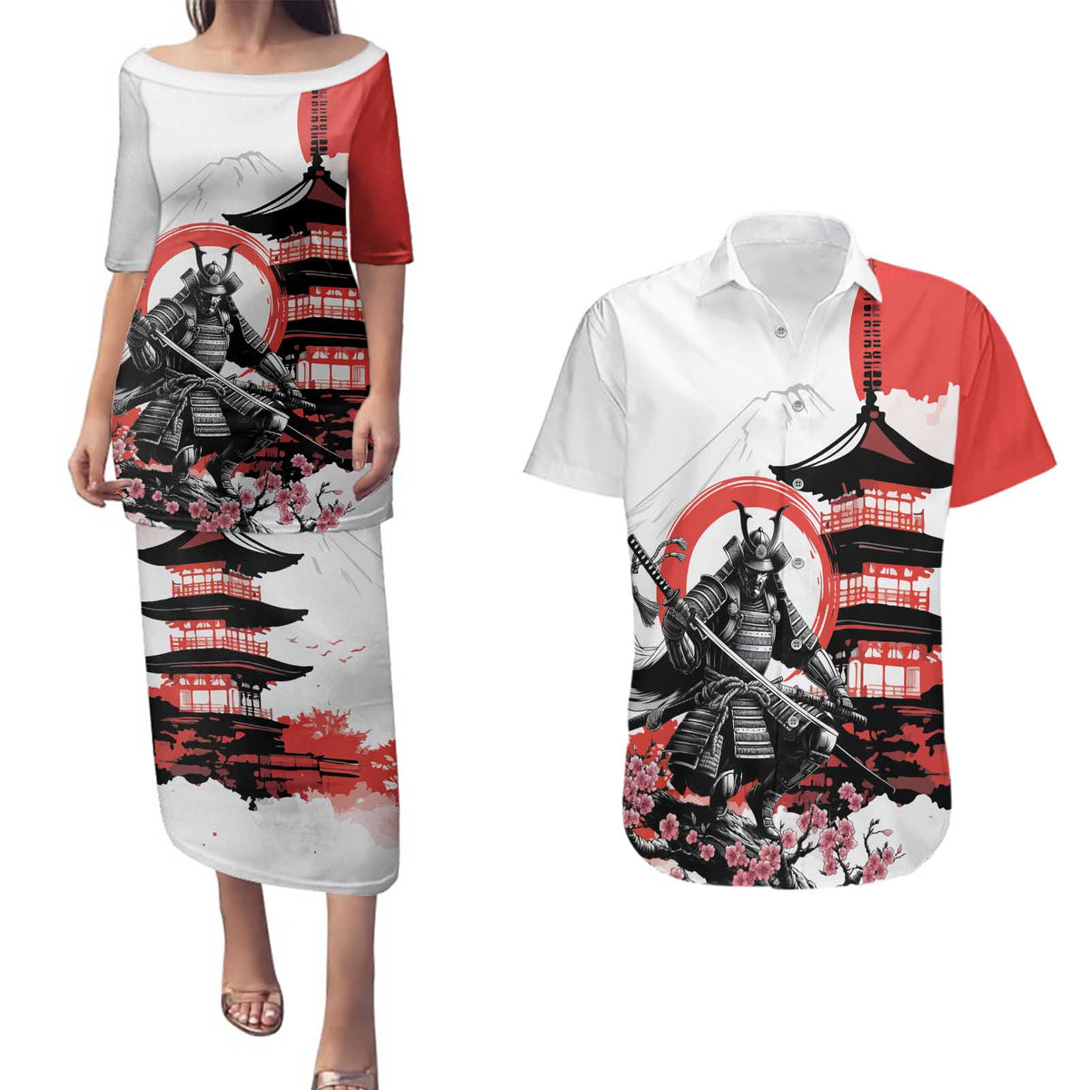 Japanese Samurai Warrior Enso Couples Matching Puletasi and Hawaiian Shirt Japan Pagoda Sakura Watercolor - Wonder Print Shop