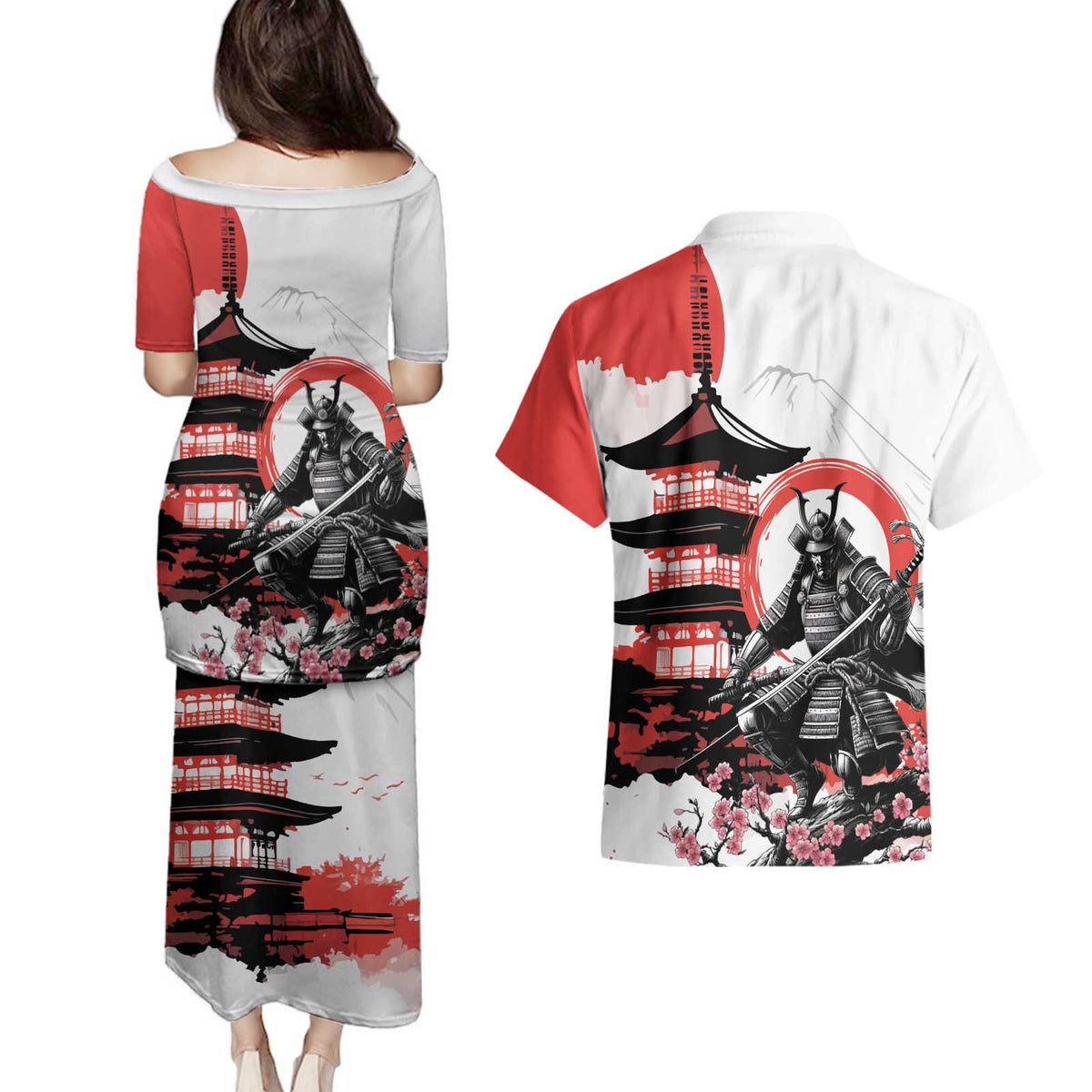 Japanese Samurai Warrior Enso Couples Matching Puletasi and Hawaiian Shirt Japan Pagoda Sakura Watercolor - Wonder Print Shop