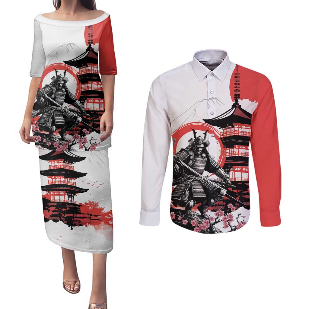 Japanese Samurai Warrior Enso Couples Matching Puletasi and Long Sleeve Button Shirt Japan Pagoda Sakura Watercolor - Wonder Print Shop
