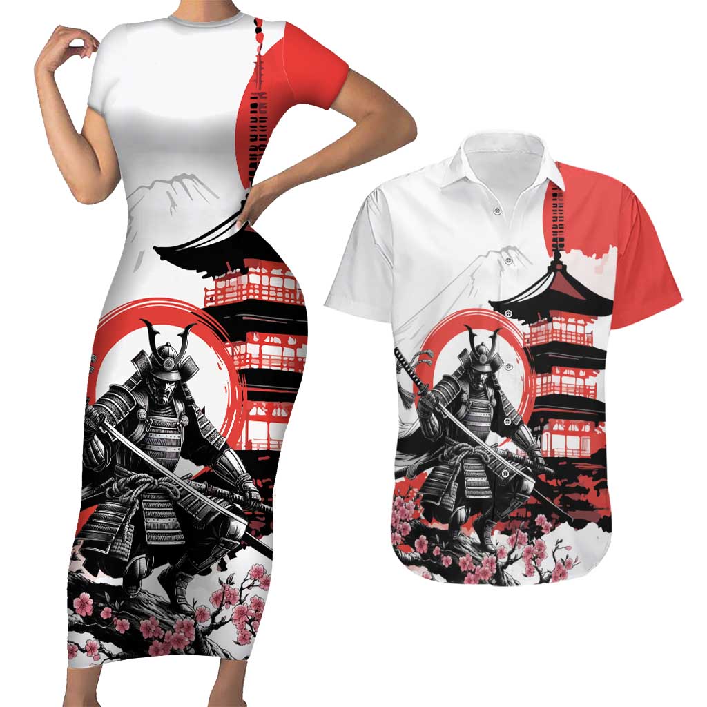 Japanese Samurai Warrior Enso Couples Matching Short Sleeve Bodycon Dress and Hawaiian Shirt Japan Pagoda Sakura Watercolor - Wonder Print Shop